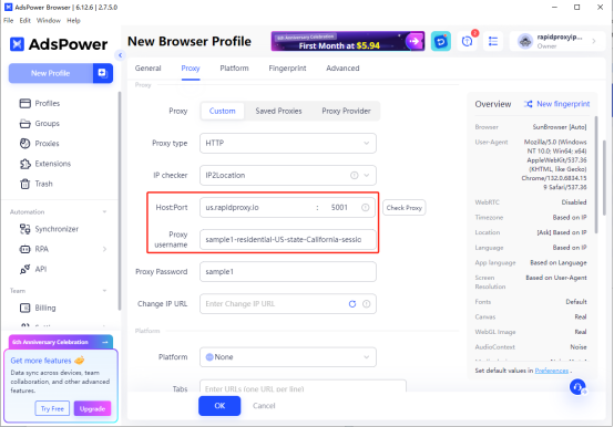Configure Rapidproxy proxy information to adspower browser