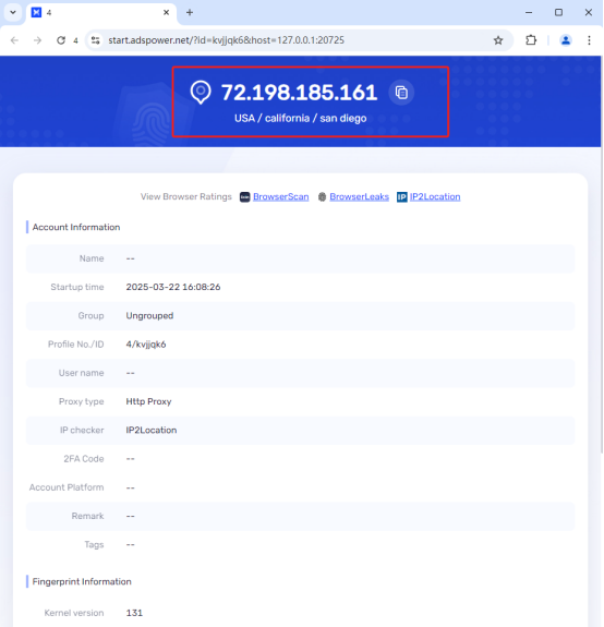 This is the page to access and check whether the IP is successfully changed to the proxy address