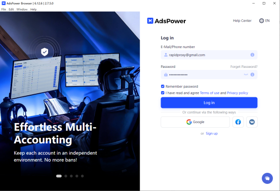 This is the adspower browser login page